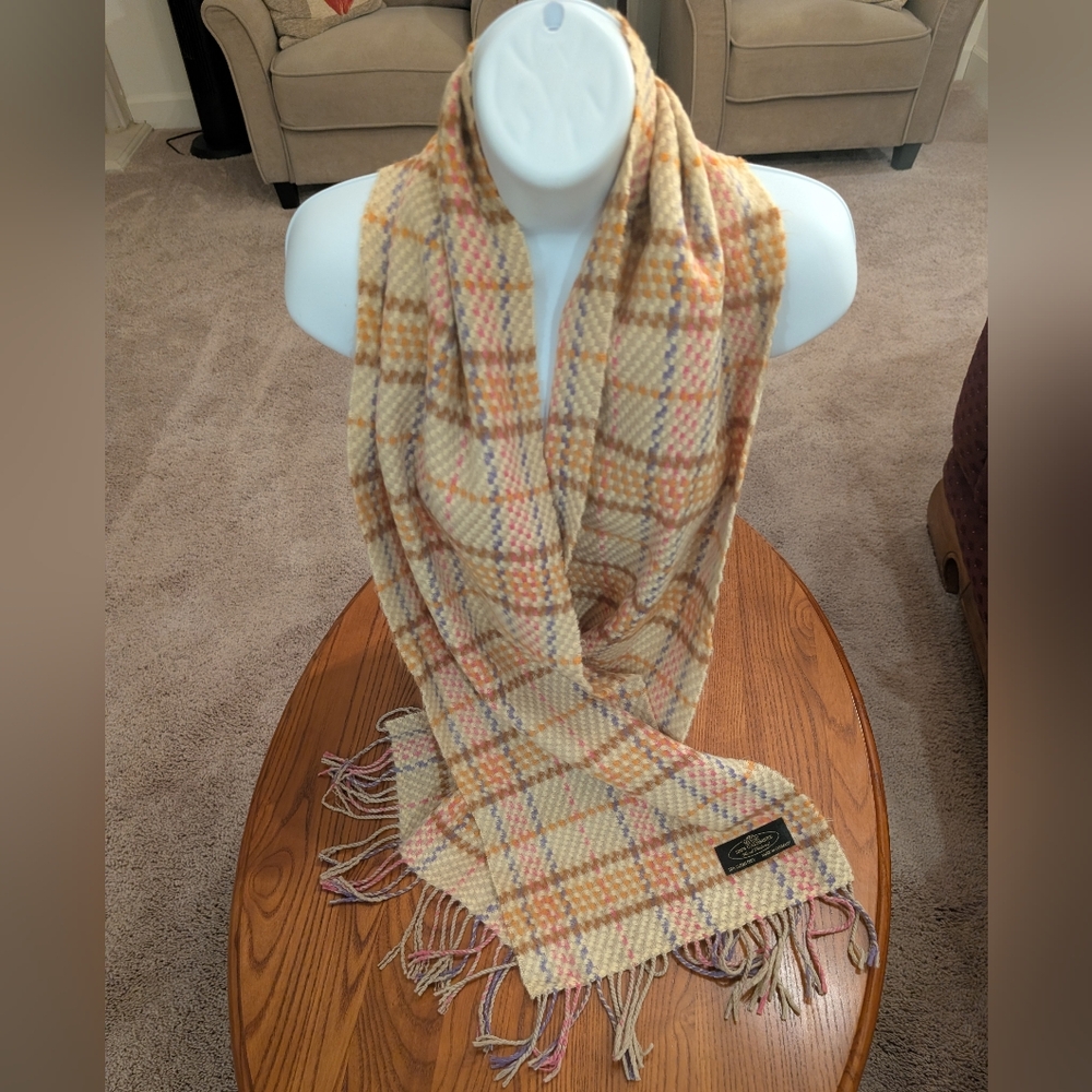 Cashmere Tan Plaid Scarf with Fringe